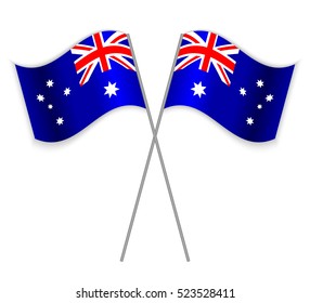 Two Australian crossed flags. Combined Australia isolated on white. Language learning, international business or travel concept.