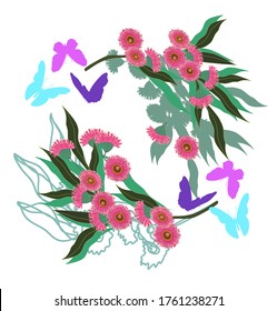 Two Australian eucalyptus branches with leaves and flowers and butterflies vector graphics