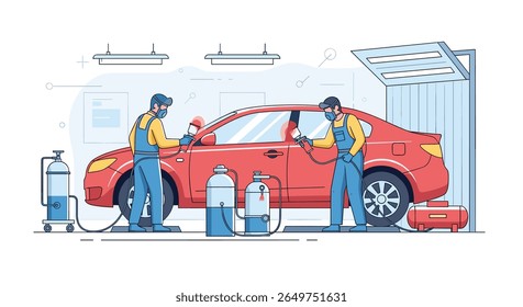Two auto mechanics in overalls and masks diligently work on detailing a bright red car inside a clean well-lit garage bay providing professional automotive care services