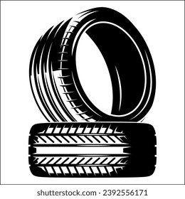 Two automobile rubber tires without discs. Vector monochrome illustration. Template for design.