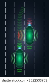 Dos vehículos autónomos que se comunican en una autopista oscura con señales visuales que indican la dirección y los cambios de velocidad al caer la noche