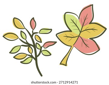 Two autumn branches with warm earthy tones, featuring stylized leaves in soft shapes.