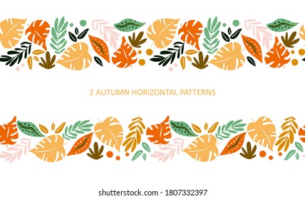 Two autumn horizontal seamless patterns. Autumn background, frame, border.  Vector flat illustration.