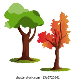 Dos ilustraciones vectoriales de árbol de otoño sobre fondo blanco