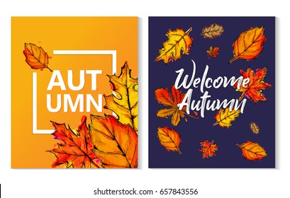 Two Autumn Typographic Paint Watercolor Fall Leaves Poster