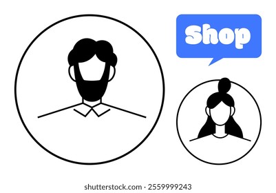 Two avatar circles featuring a man and a woman and a blue speech bubble with the word Shop Ideal for web design, e-commerce, user profiles, customer support, and online stores Simple minimalist style