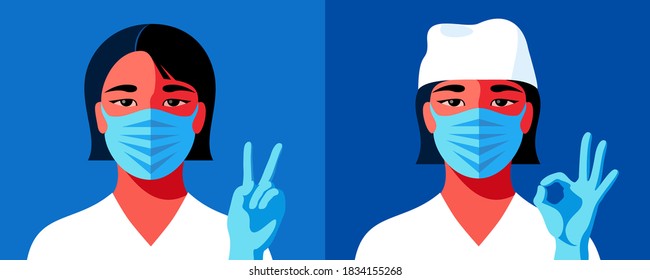 Two avatars, coronavirus pandemic concept. Asian woman as doctor or nurse. Female characters in medical uniform, face masks and gloves, showing victory and ok signs. Vector illustration