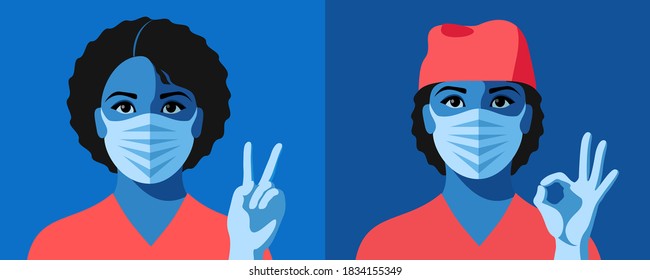 Two avatars, coronavirus pandemic concept. African woman as doctor or nurse. Female characters in medical uniform, face masks and gloves, showing victory and ok signs. Vector illustration