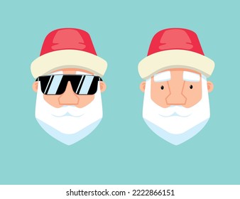 two avatars of santa claus with a beard and a hat and glasses on a blue background. Holiday icons. Merry Christmas