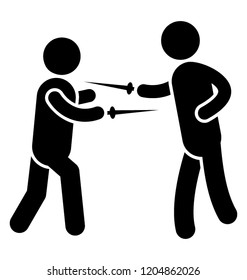 Two avatars with sword in fighting pose, fencing pictogram 