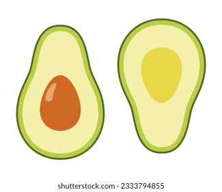 Two avocado halves on white background, food vector illustration.