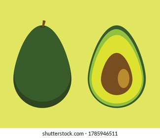 Two avocado isolated on the background. One slice with core and whole avocado. Design element for product label.