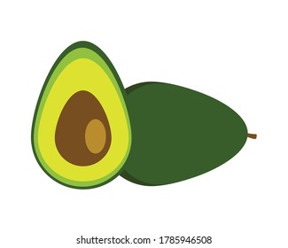 Two avocado isolated on the white background. One slice with core and whole avocado. Design element for product label.