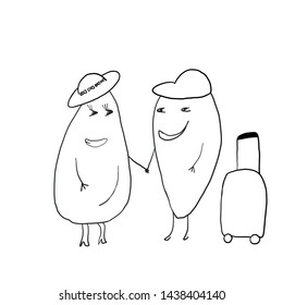 Two avocado travelers with baggage. Vector illustration. 