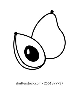 Two avocado, whole and cut half with seed. Hand drawn doodle cartoon fruit illustration.