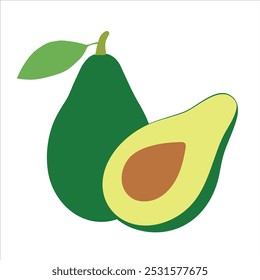 Two avocados with one cut open and the seed visible