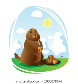 Two awakened marmots drinking coffee. Isolated cartoon illustration. 