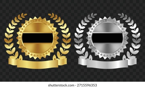 Dos emblemas de premios, uno de oro y otro de plata, con coronas de laurel y cintas sobre un fondo transparente.