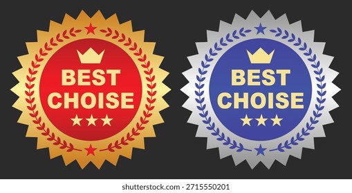 Dos sellos de premio, uno rojo y oro, el otro azul y plata, ambos con una corona y estrellas, que indican
