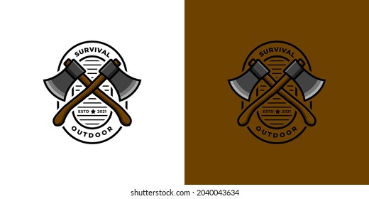 Two ax logo design with outdoor survival theme.