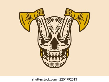 Two ax on skull vintage retro line art design