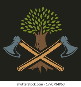 Zwei Äxte und Baum. Abstrakte mittelalterliche Komposition einzeln auf schwarzem Hintergrund. Vorlage für Logo, Etikett, Emblem, Badge. Vektorgrafik.