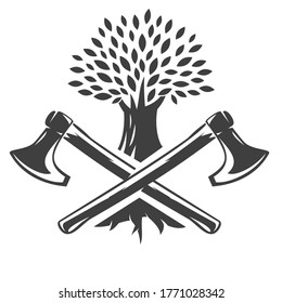 Dos hachas y un árbol. Composición medieval abstracta aislada en fondo blanco. Plantilla para logotipo, etiqueta, emblema, placa. Ilustración vectorial.