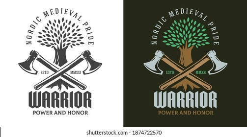 Dos hachas y un árbol. Resumen de la composición medieval aislada en un simple fondo. Plantilla de color y monocromo para logotipo, etiqueta, emblema, placa. Ilustración vectorial.