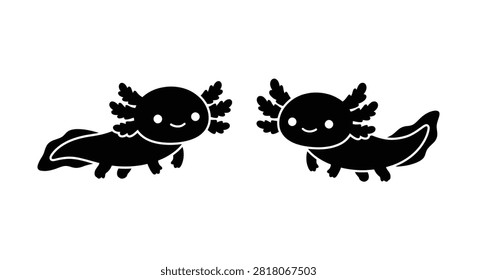 Two axolotl salamanders depicted as a black silhouette against a white background silhouette axolotls salamander amphibian