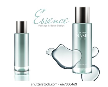 two azure glass bottles with shadow and water elements, for essence package design use, isolated white background 3d illustration