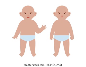 Two babies in diapers, one smiling and waving hand, the other sad or sick. Contrasting emotions in pediatric silhouette illustration. Conceptual vector showing health and illness in early childhood.