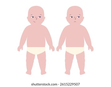 Two babies in diapers, one smiling and the other looking sad or sick. Pediatric silhouette vector showing contrast between health and illness kids in early childhood on white background.