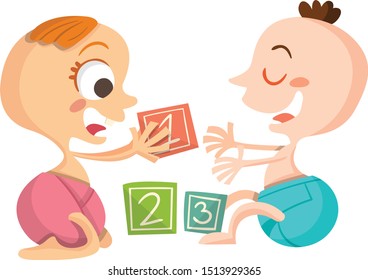 Two Babies Playing with Toys, Cubes. Cartoon Illustration