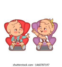 Two babies sitting on car seat. Twins, siblings baby on board.  Boy and girl drive and play together.Brother and sister travel. Child safety drive in car. Color vector illustration. Happy kid smile. 