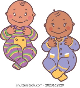 Dos bebés sonriendo con ropa colorida
