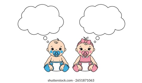 Two babies thinking with empty thought bubbles ready for your text or messages