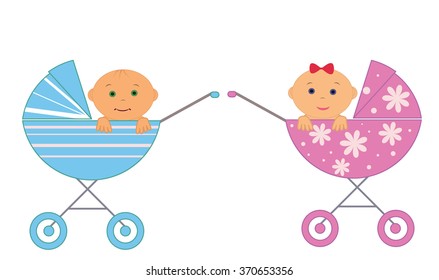 Two baby a boy and a girl in a wheelchair