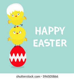 Two baby chick bird friends standing on painting red egg. Happy Easter Chicken pyramid family set. Farm animal. Cute cartoon funny character. Greeting card. Blue pastel color background. Flat Vector