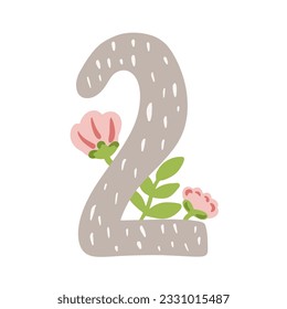 Two, baby kids monthly milestone, cute number 2 with flowers cartoon illustration.