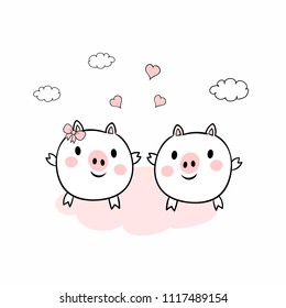 two baby pig animals with clouds and hearts vector seamless pattern