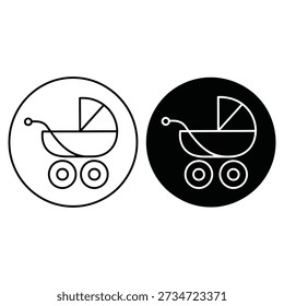 Two baby strollers depicted in different styles within circular frames.