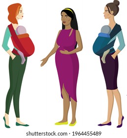 Two babywearing women with her baby in sling and one pregnant woman talking. Babywearing concept. Vector illustration