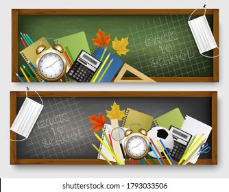 Two Back to School banners with school supplies during the pandemic Covid-19. Vector.