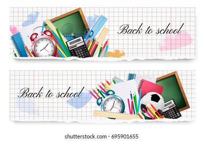 Carteles de Back to School con material escolar en un fondo de papel. Vector.