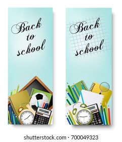 Two Back to School banners With Supplies Tols and Chalkboard. Layered Vector
