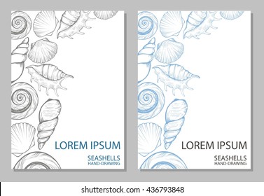 Two background for design with seashells in a linear style. Patterns on the marine theme. Outline shells. stock vector