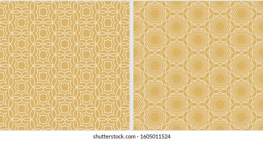 Two Background patterns. Modern seamless pattern. Geometric Wallpaper texture. Color on the pictures: gold, white. Vector image