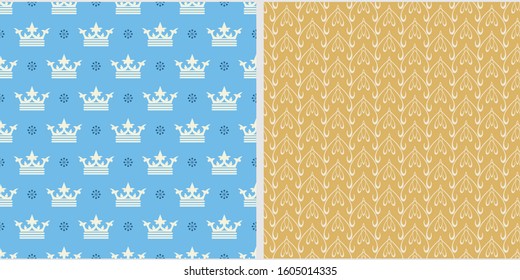 Two Background patterns. Modern seamless pattern. Retro Wallpaper texture. Color on the pictures: gold, blue, white. Vector image