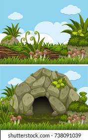 Two background scenes with cave and log illustration