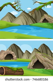 Two background scenes with mountains and rivers illustration